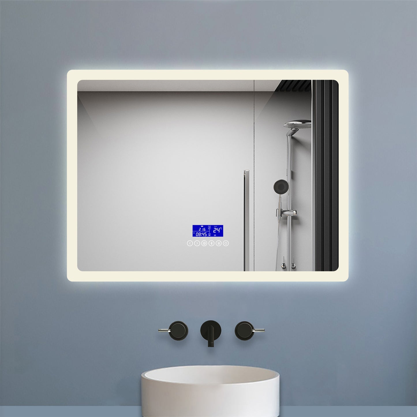 Bathroom Mirror with Bluetooth Speaker Digital Clock Dimmable Lights Anti-fog Touch Switch