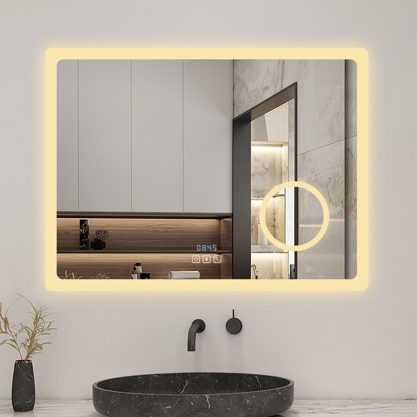 Bathroom Mirror with LED Lights Bluetooth Dimmable Anti fog Magnifier Clock