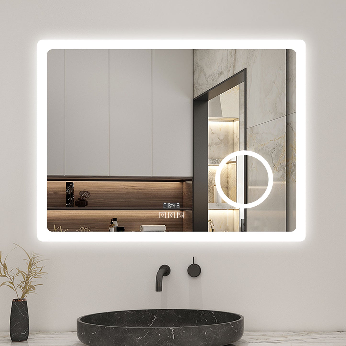 Bathroom Mirror with LED Lights Bluetooth Dimmable Anti fog Magnifier Clock