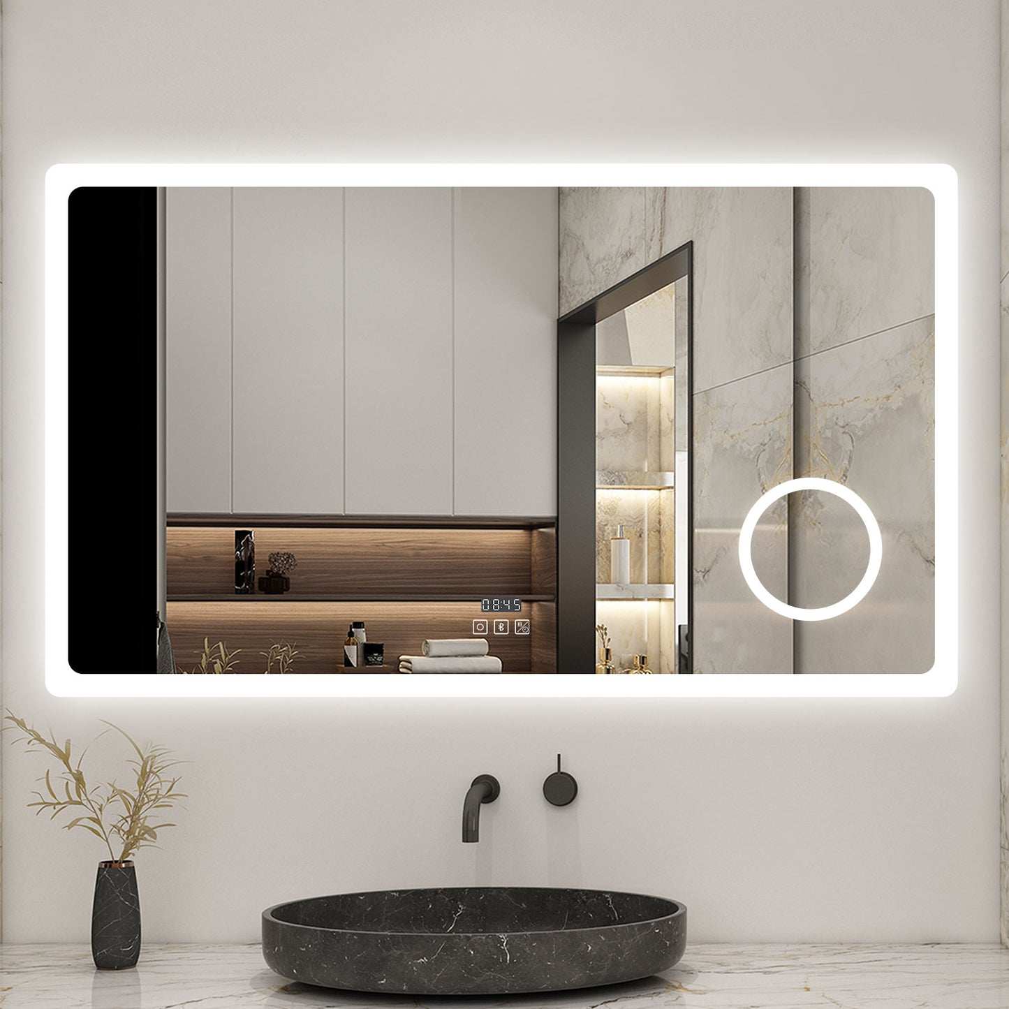 Bathroom Mirror with LED Lights Bluetooth Dimmable Anti fog Magnifier Clock