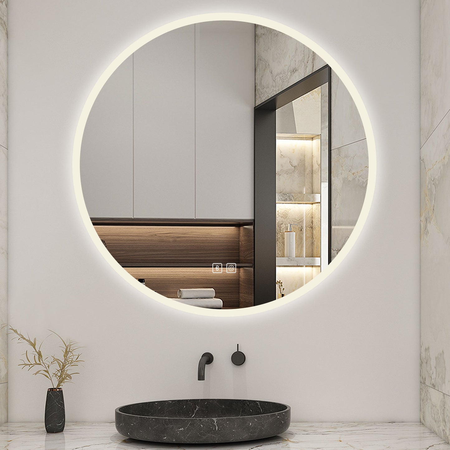 Round Bluetooth LED Bathroom Mirror with 3 Colours Modes Dimmable Anti fog Touch Switch