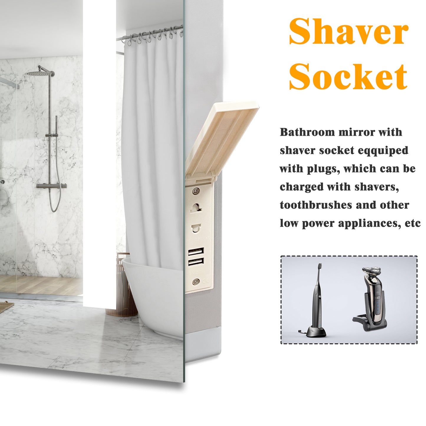 LED Bathroom Mirrom with 3 Colours Lights Shaver Socket Demister Pad 50x70cm