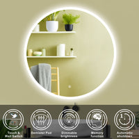Aidal--Bathroom Mirror with Dimmable LED, Anti-fog, Round, IP44 Waterproof Dustproof, Explosion-proof, Wall mounted