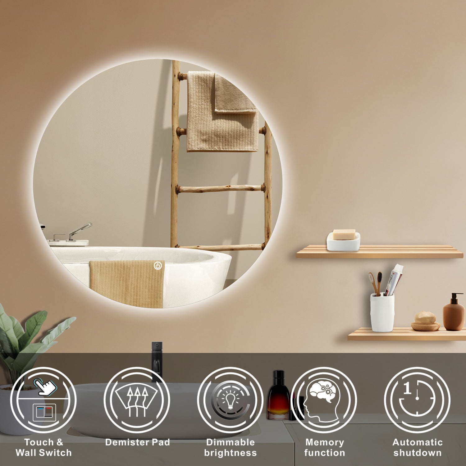 Aidal--Bathroom Mirror with Dimmable illuminated, Anti-fog, Round, IP44 Waterproof, Explosion-proof, Wall mounted
