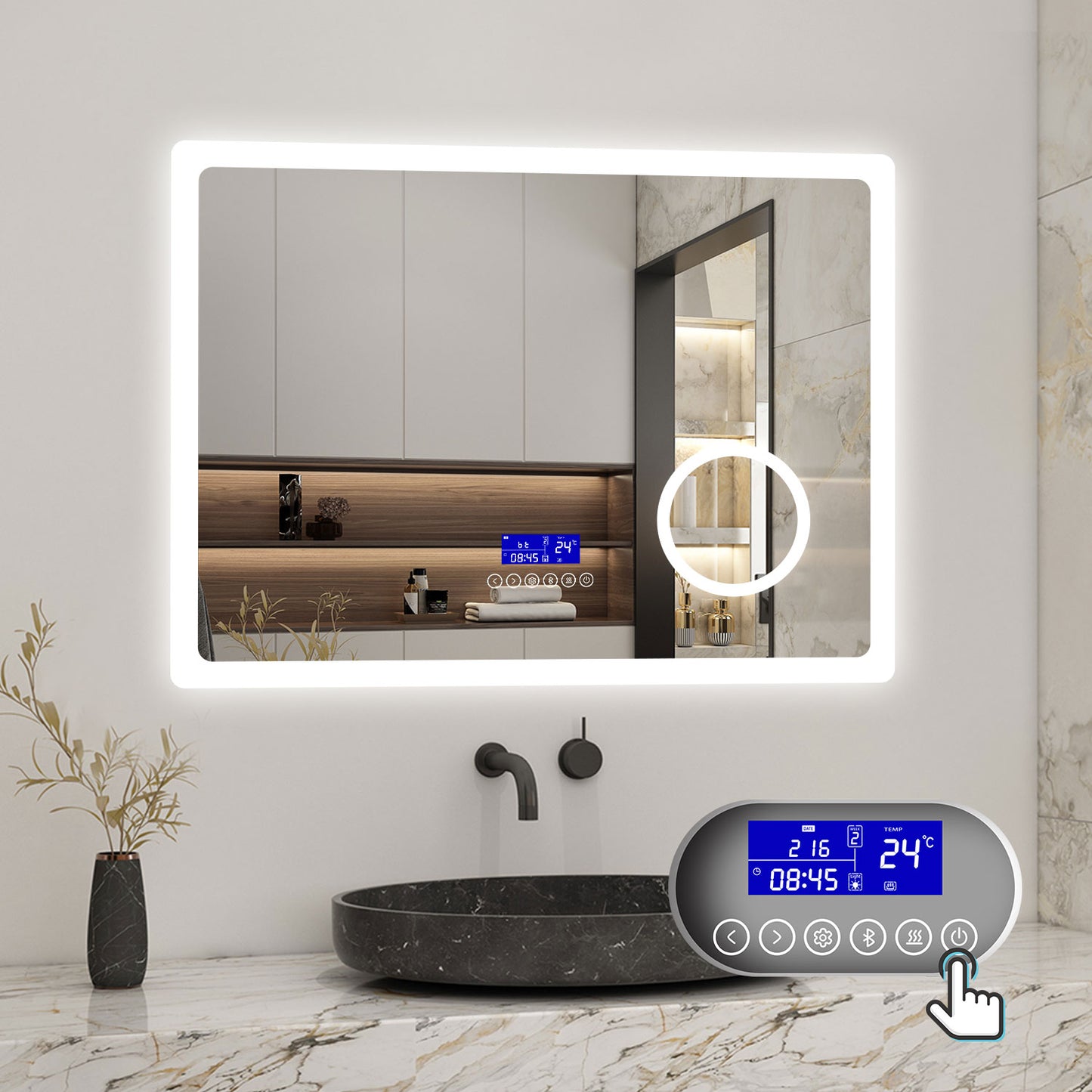 LED Bathroom Mirror with Bluetooth Speaker,Digital Clock, Magnifier, Anti-fog, Touch Switch