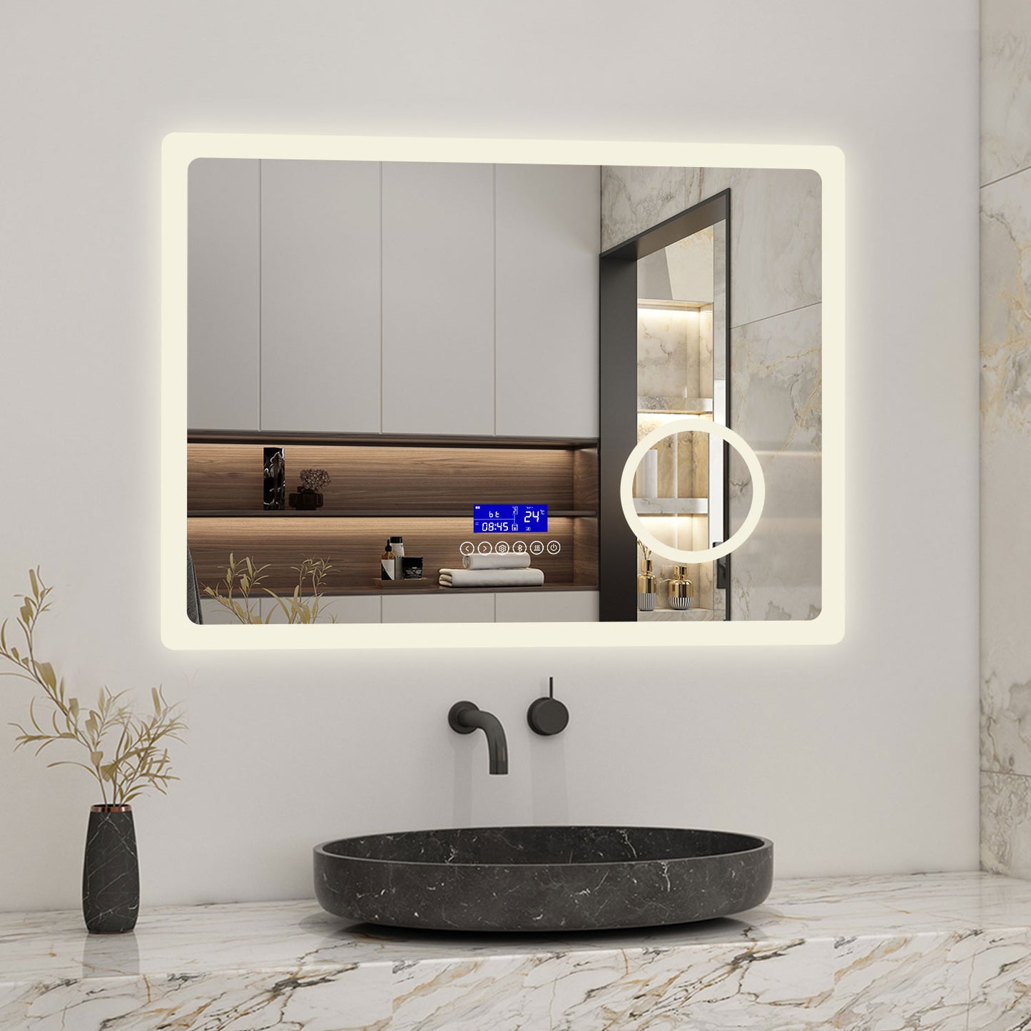LED Bathroom Mirror with Bluetooth Speaker,Digital Clock, Magnifier, Anti-fog, Touch Switch