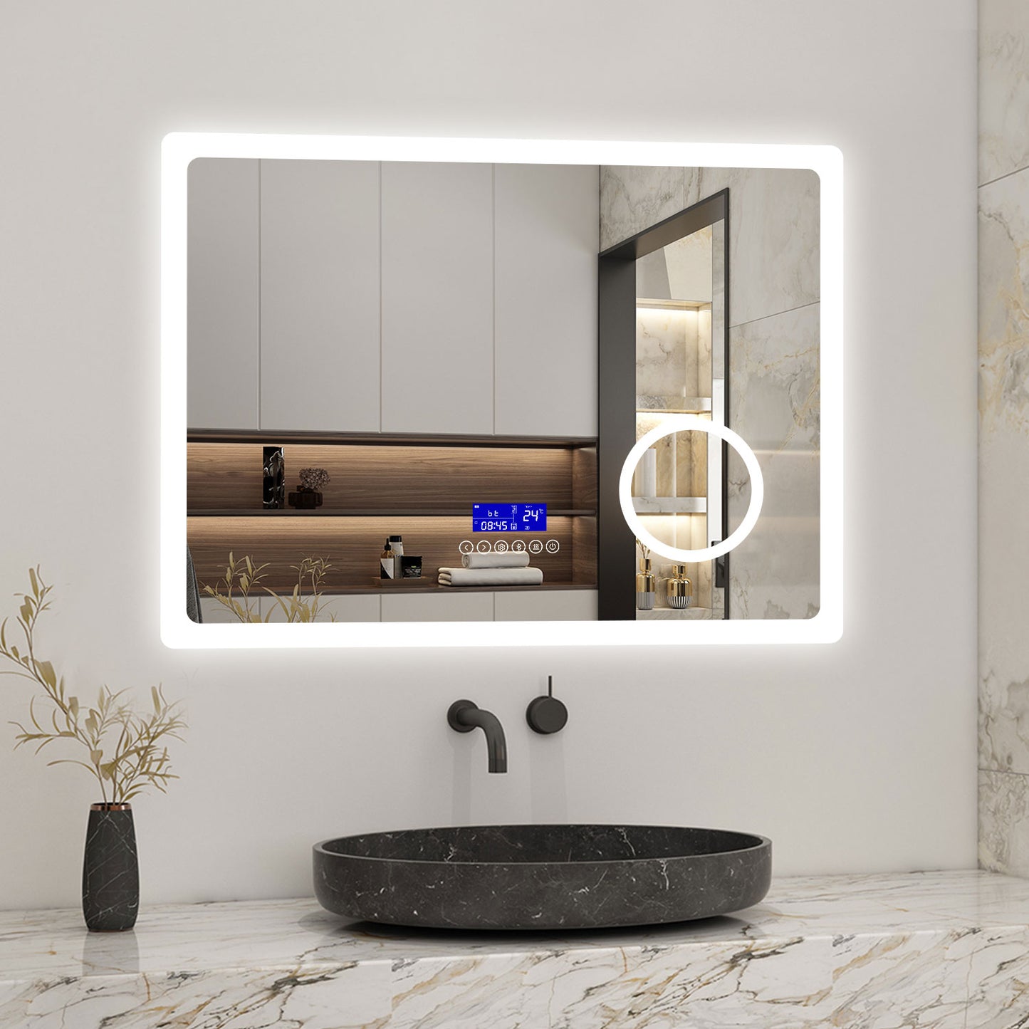 LED Bathroom Mirror with Bluetooth Speaker,Digital Clock, Magnifier, Anti-fog, Touch Switch