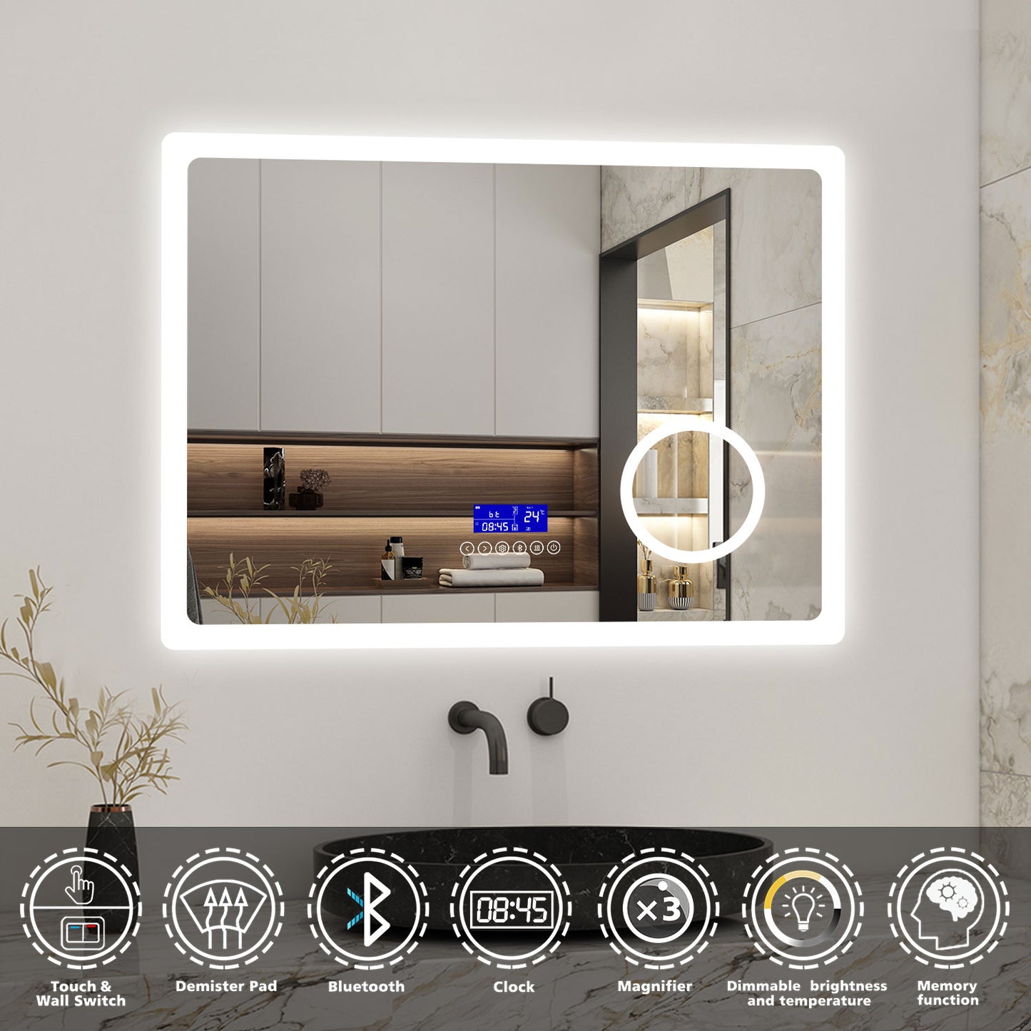 LED Bathroom Mirror with Bluetooth Speaker,Digital Clock, Magnifier, Anti-fog, Touch Switch