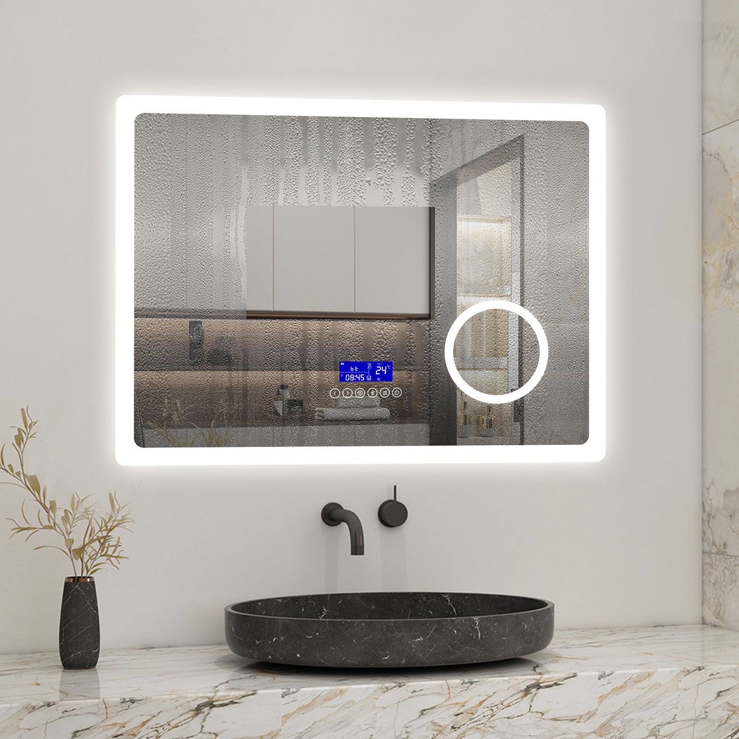 LED Bathroom Mirror with Bluetooth Speaker,Digital Clock, Magnifier, Anti-fog, Touch Switch