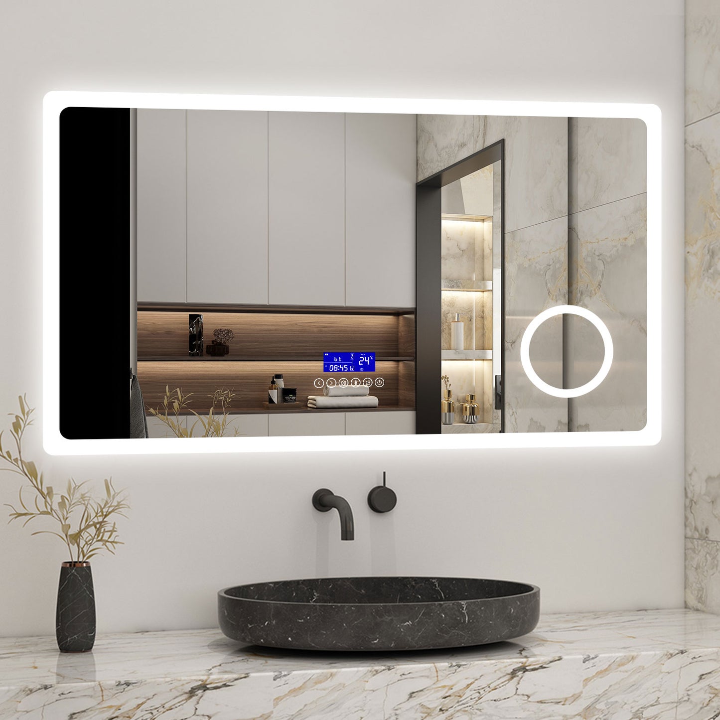 LED Bathroom Mirror with Bluetooth Speaker,Digital Clock, Magnifier, Anti-fog, Touch Switch