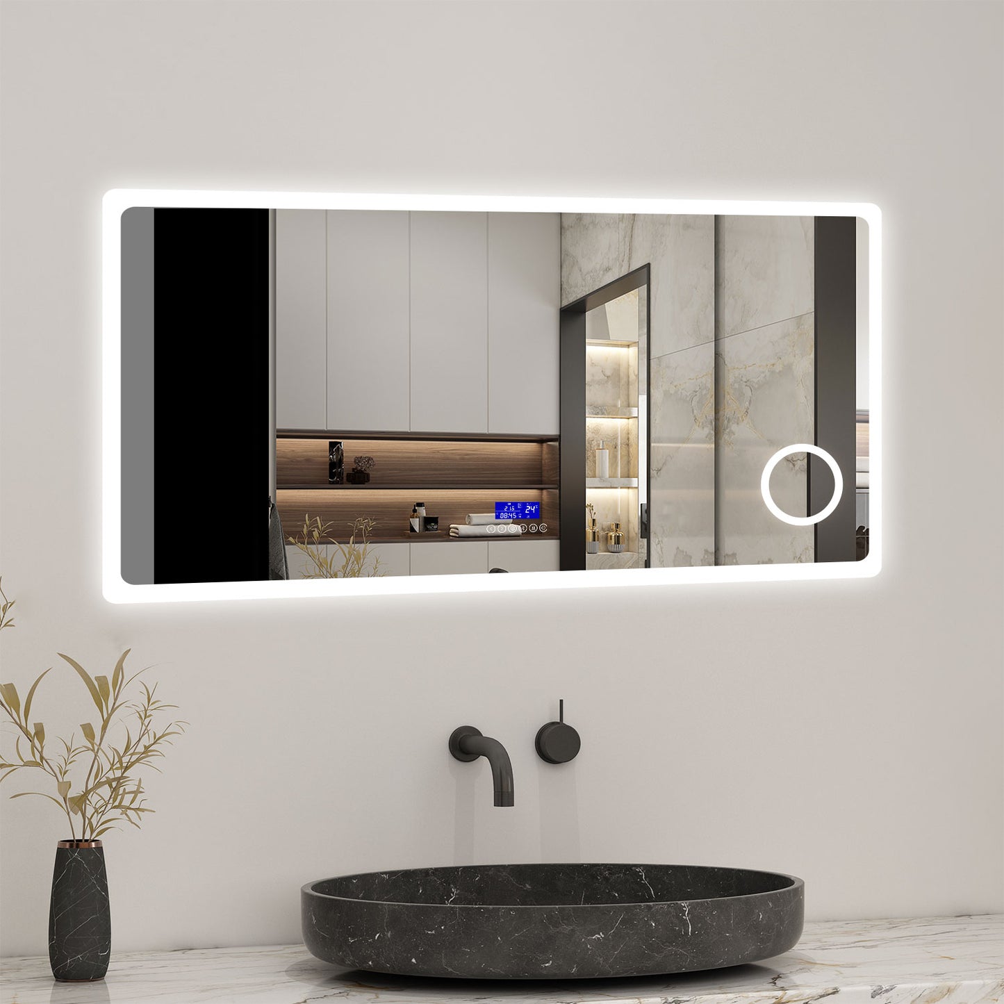 LED Bathroom Mirror with Bluetooth Speaker,Digital Clock, Magnifier, Anti-fog, Touch Switch