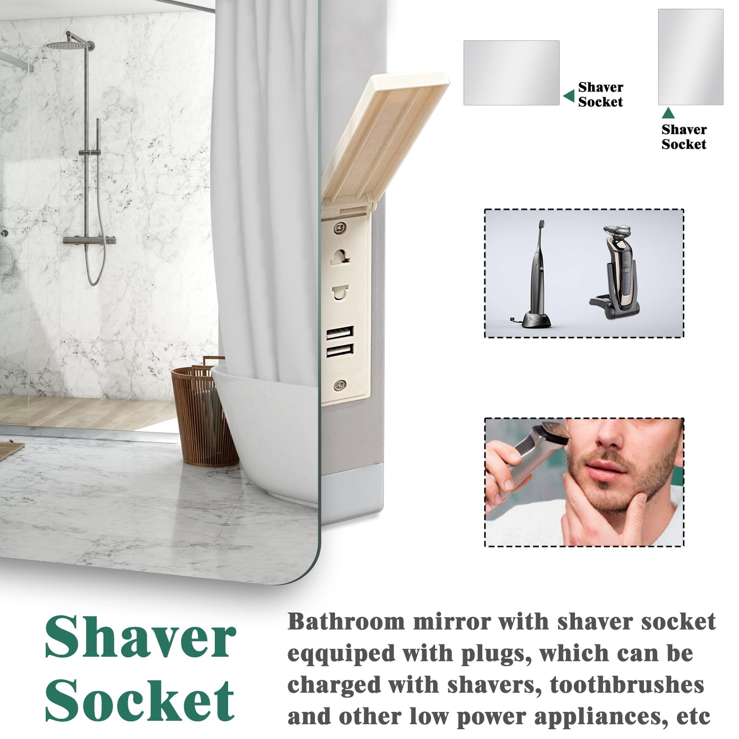Backlit Bathroom Mirrom with Bluetooth 3 Colours LED Lights Shaver Socket Demister Pad