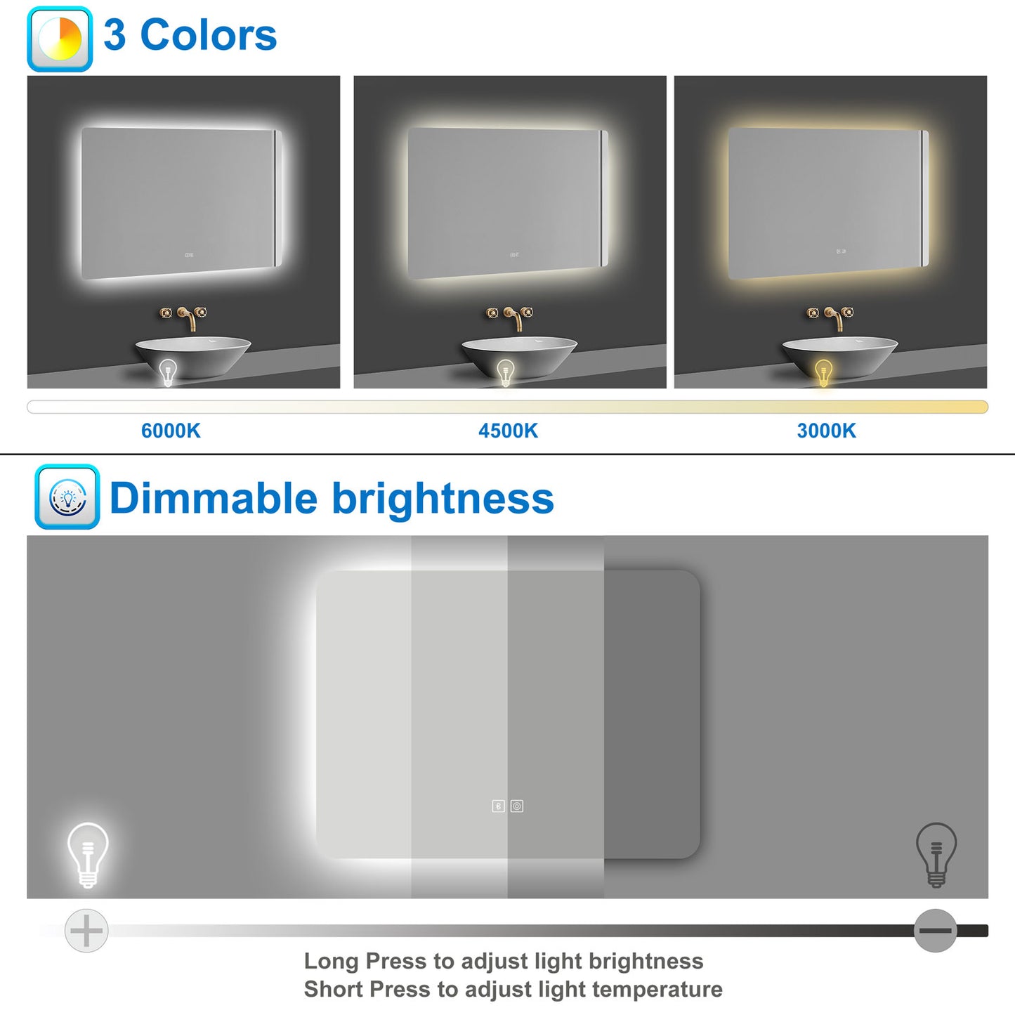 Backlit Bathroom Mirrom with Bluetooth 3 Colours LED Lights Shaver Socket Demister Pad