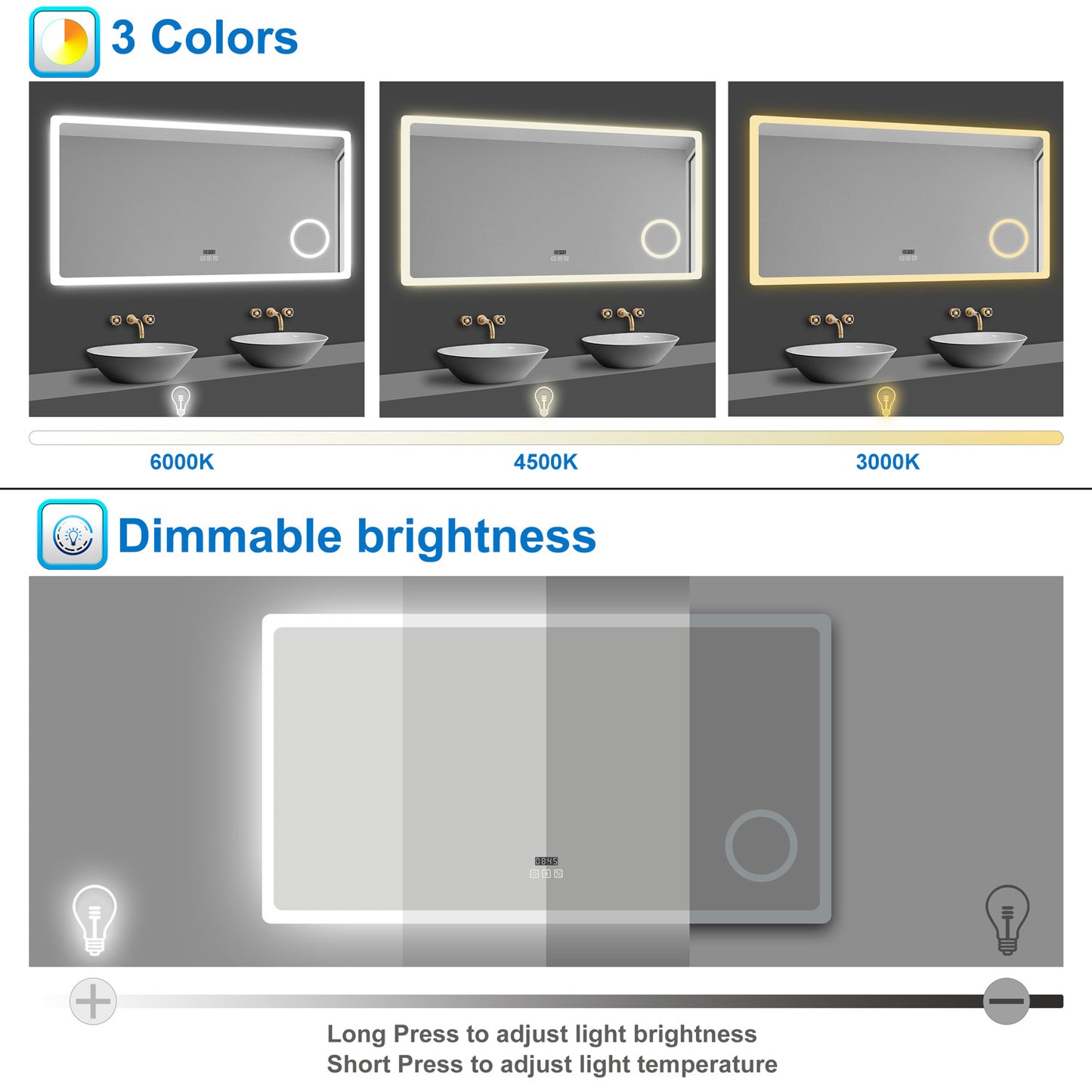Bathroom Mirror with LED Lights Bluetooth Dimmable Anti fog Magnifier Clock