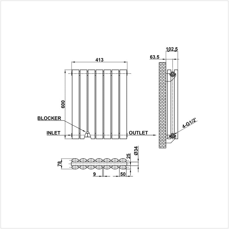 600x413mm double Black oval column radiator dimension