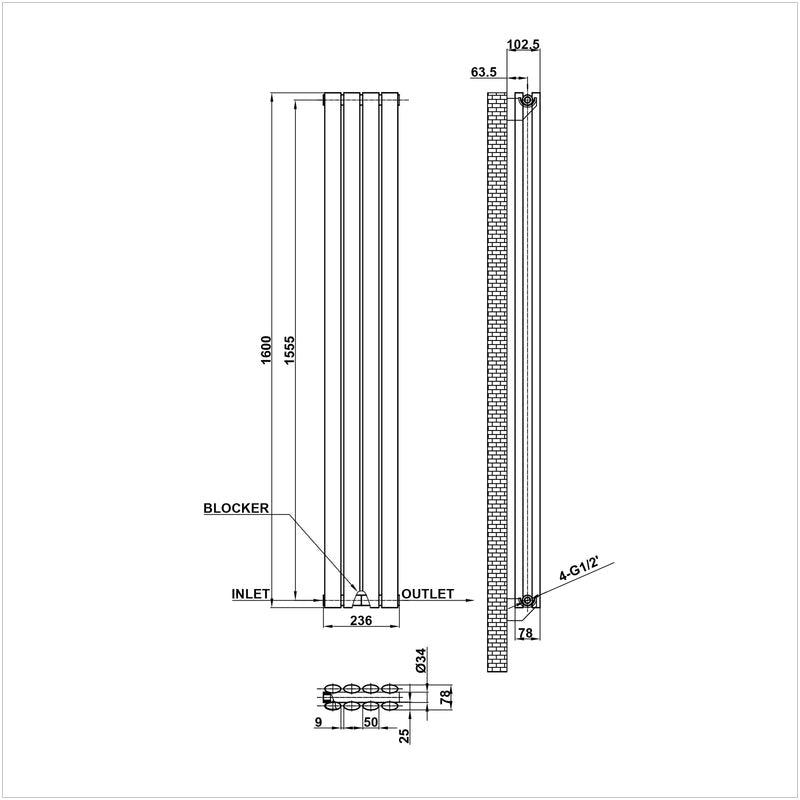 1600x236mm double anthracite oval column radiator dimension