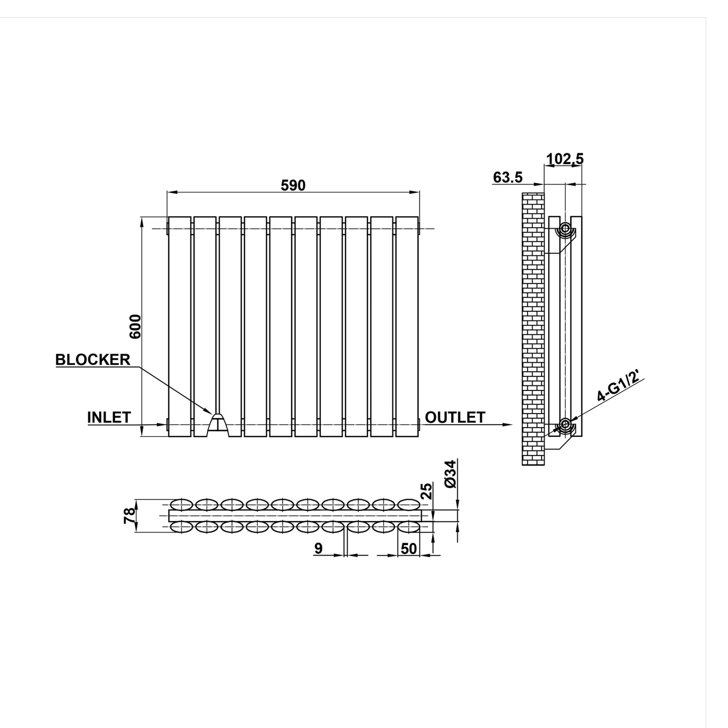 600x590mm black double oval column radiator dimension