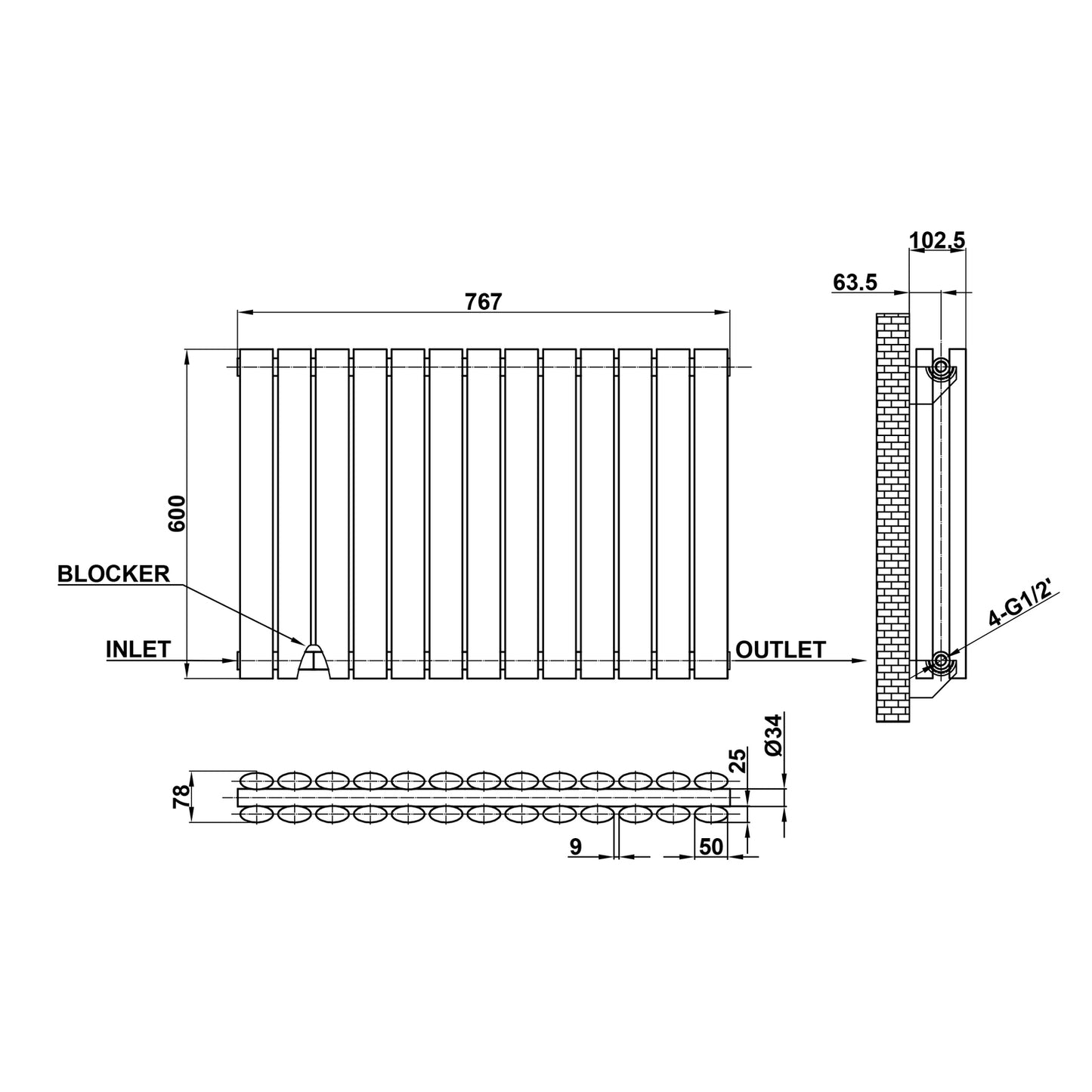 600x767mm black double oval column radiator dimension