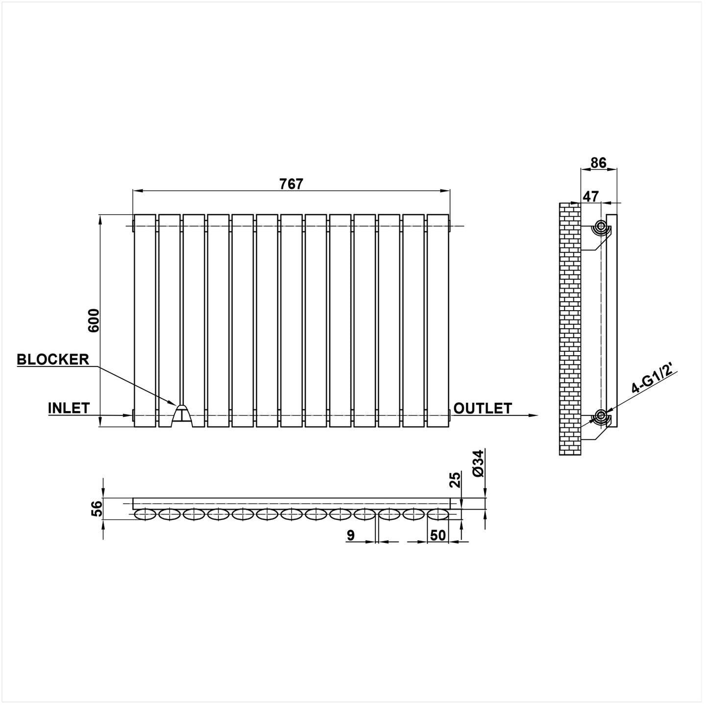 600x767mm black single oval column radiator dimension