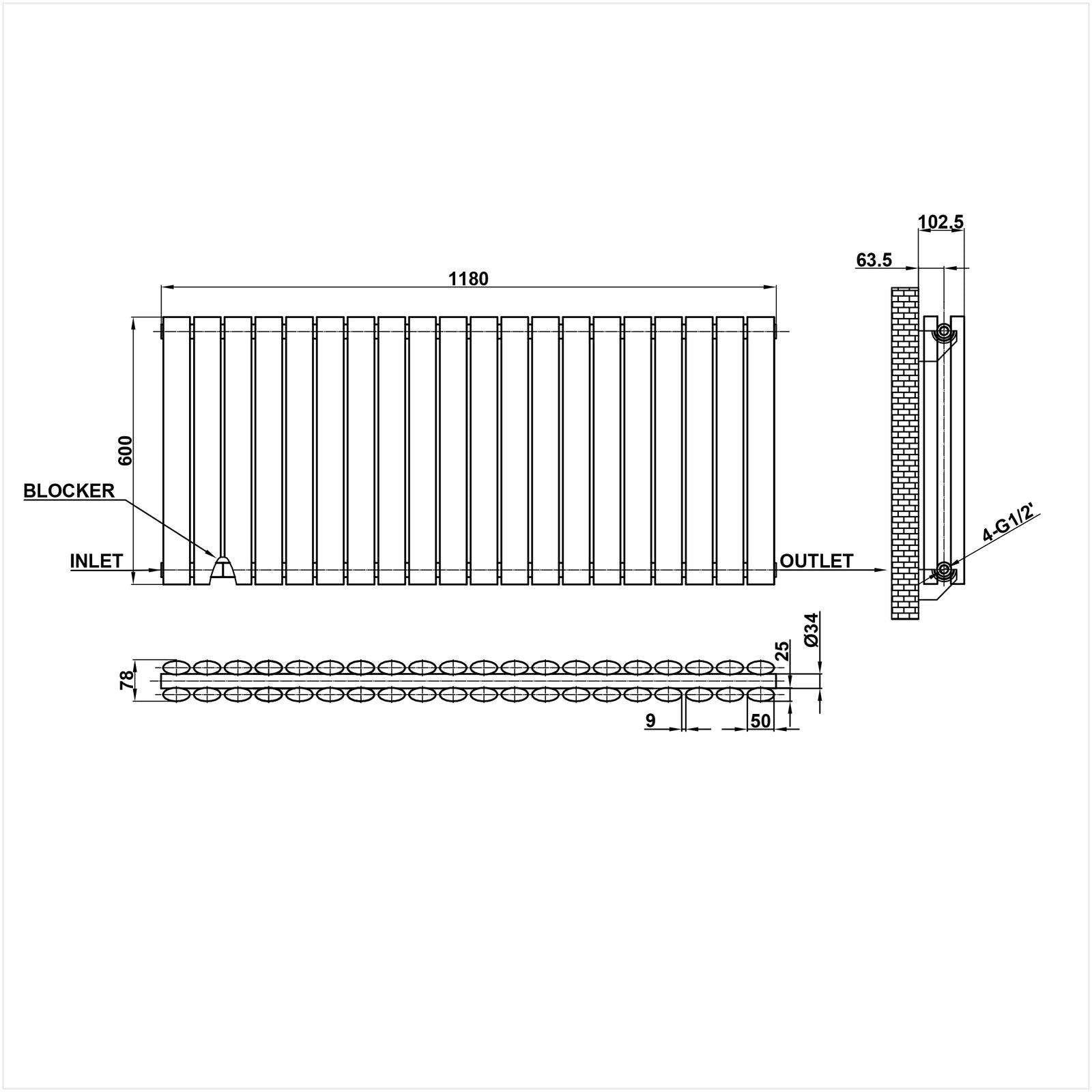 600x1180mm black double oval column radiator dimension