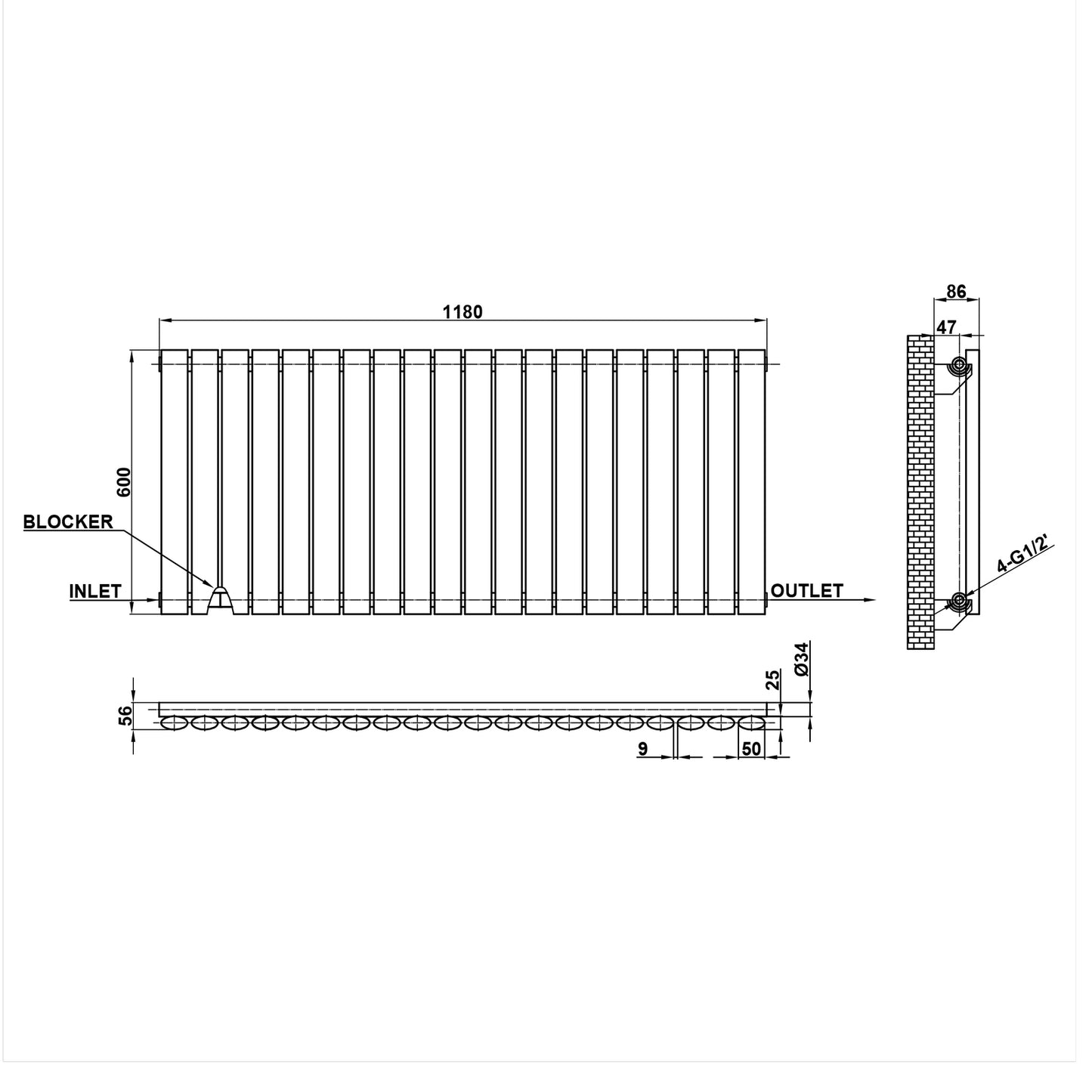 600x1180mm black single oval column radiator dimension