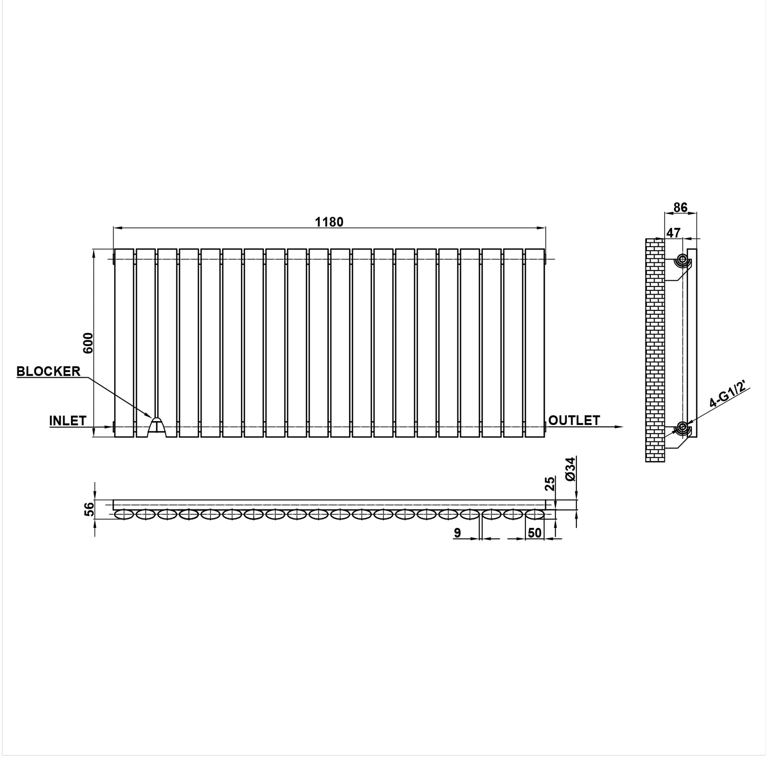 600x1180mm black single oval column radiator dimension