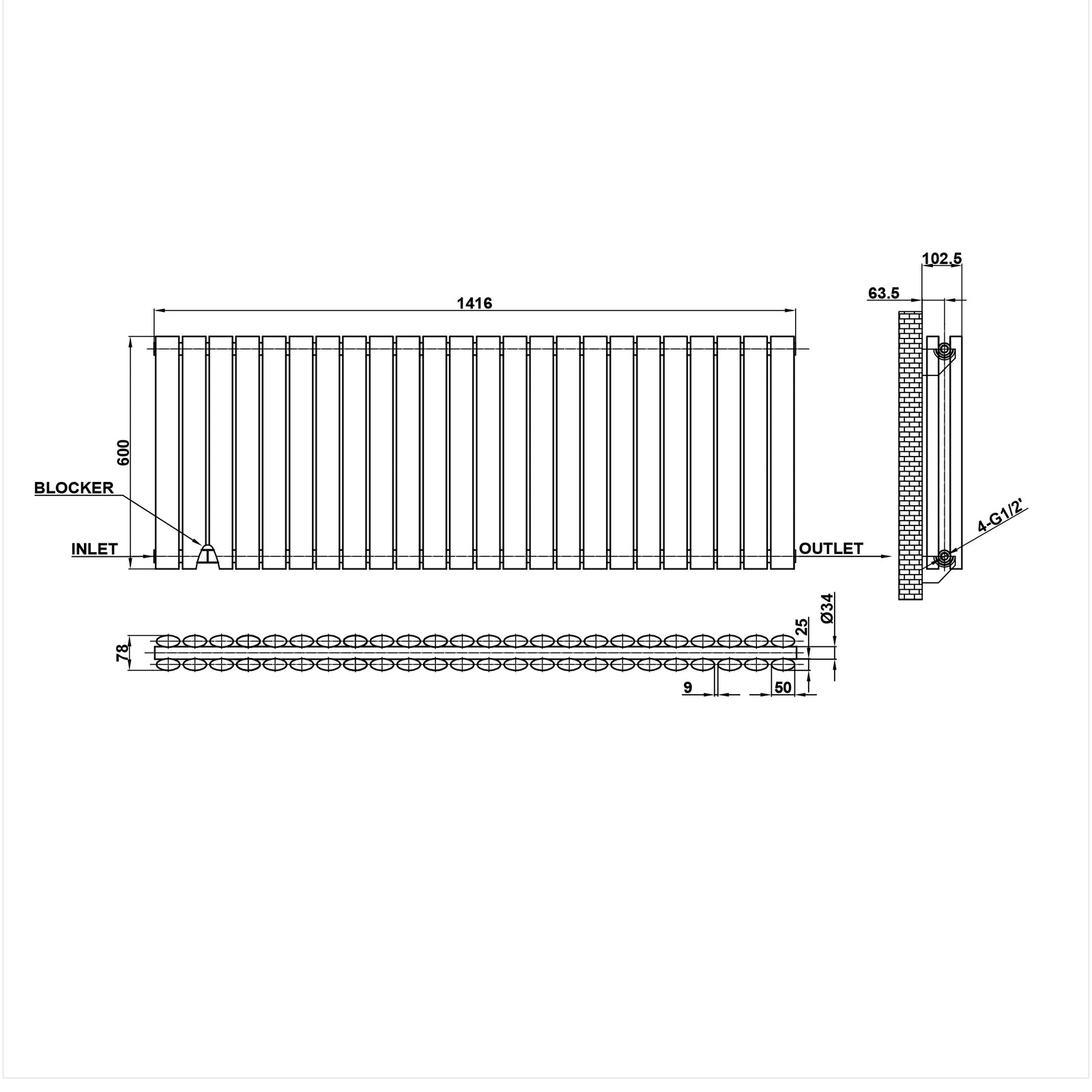 600x1416mm black double oval column radiator dimension