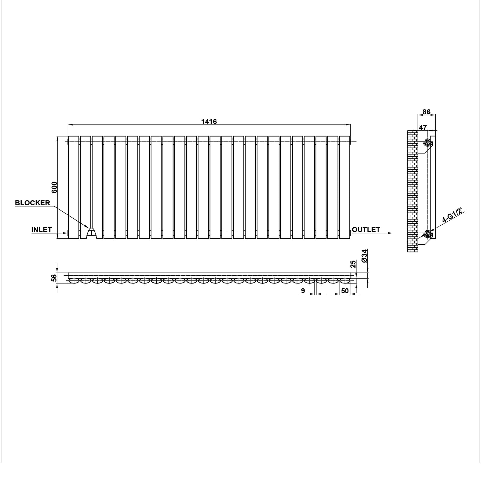 600x1416mm black single oval column radiator dimension