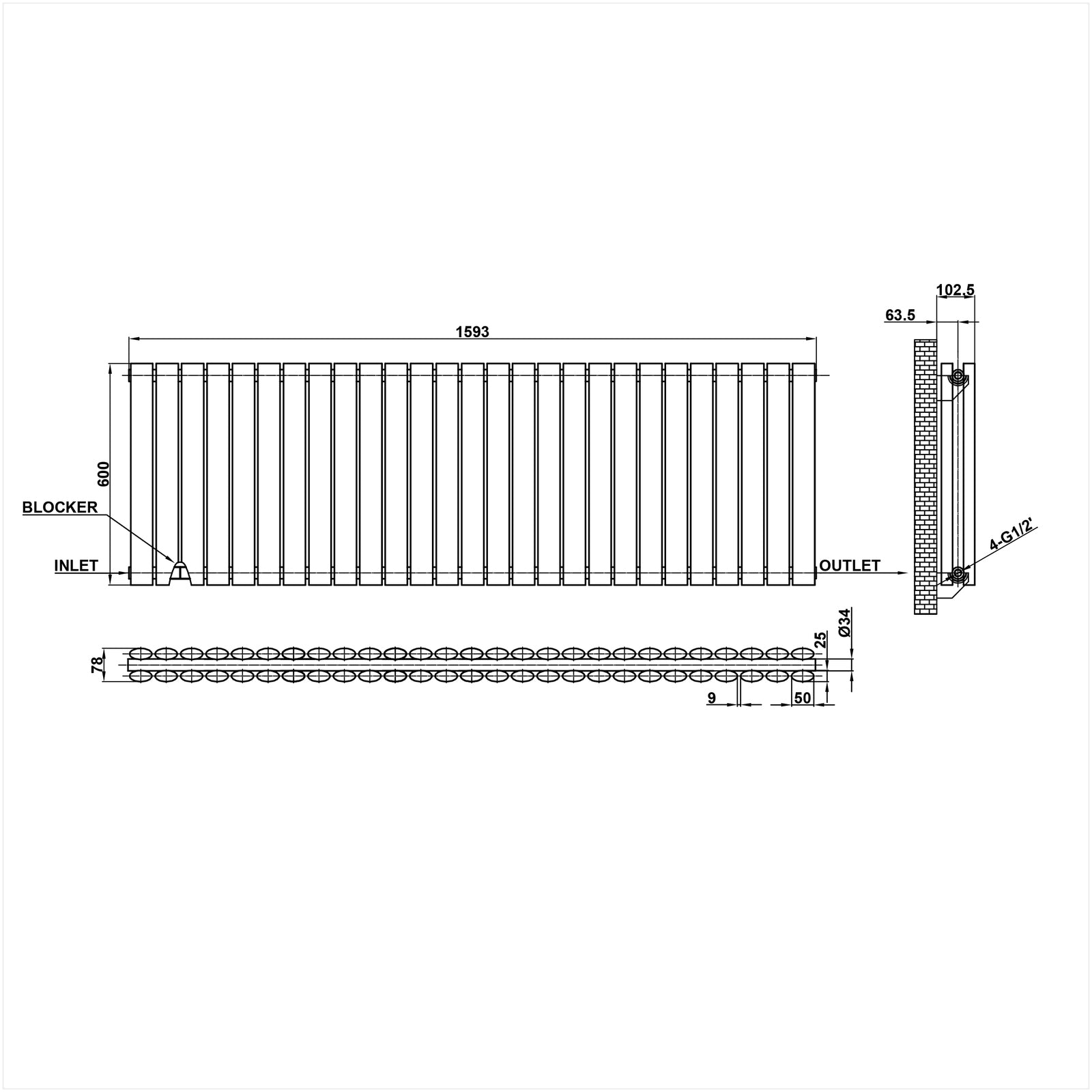 600x1593mm black double oval column radiator dimension