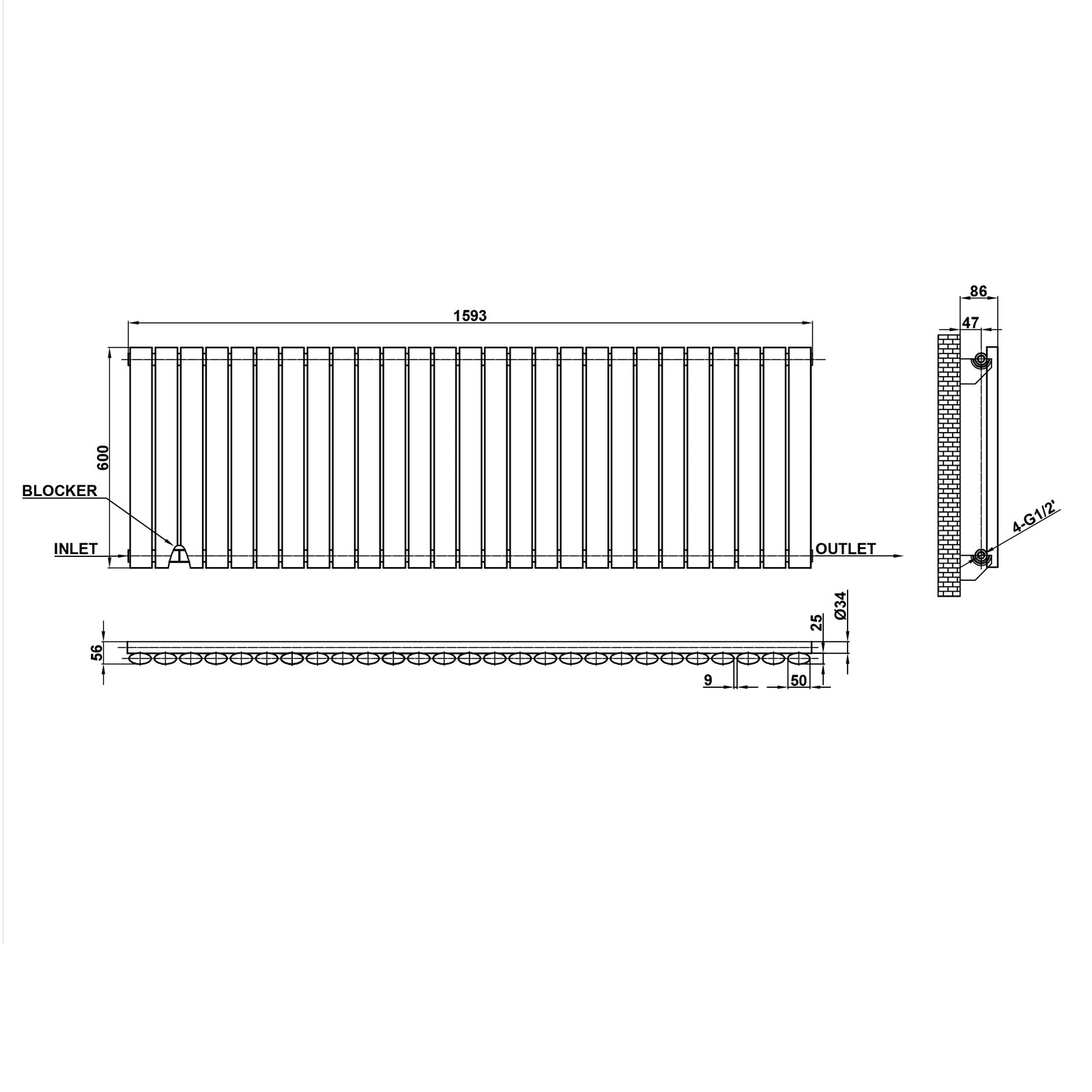 600x1593mm black single oval column radiator dimension