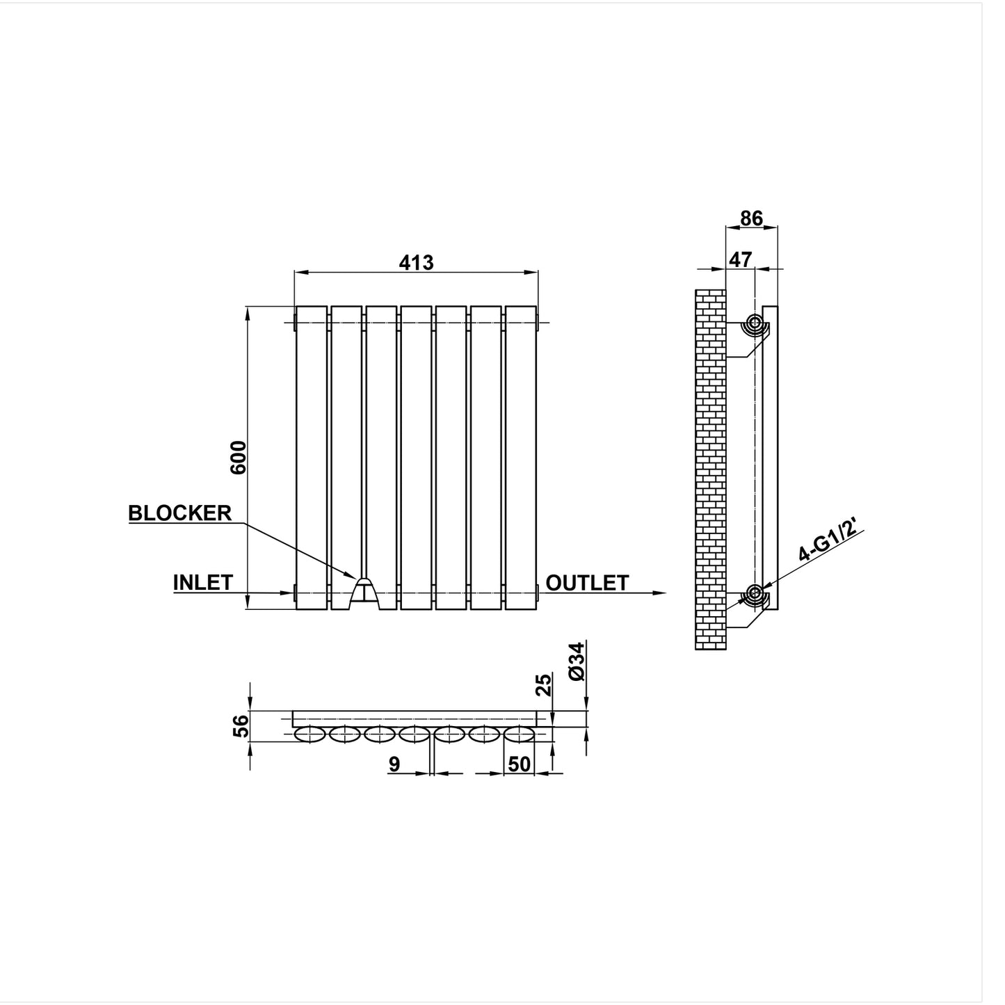 600x413mm black single oval column radiator dimension