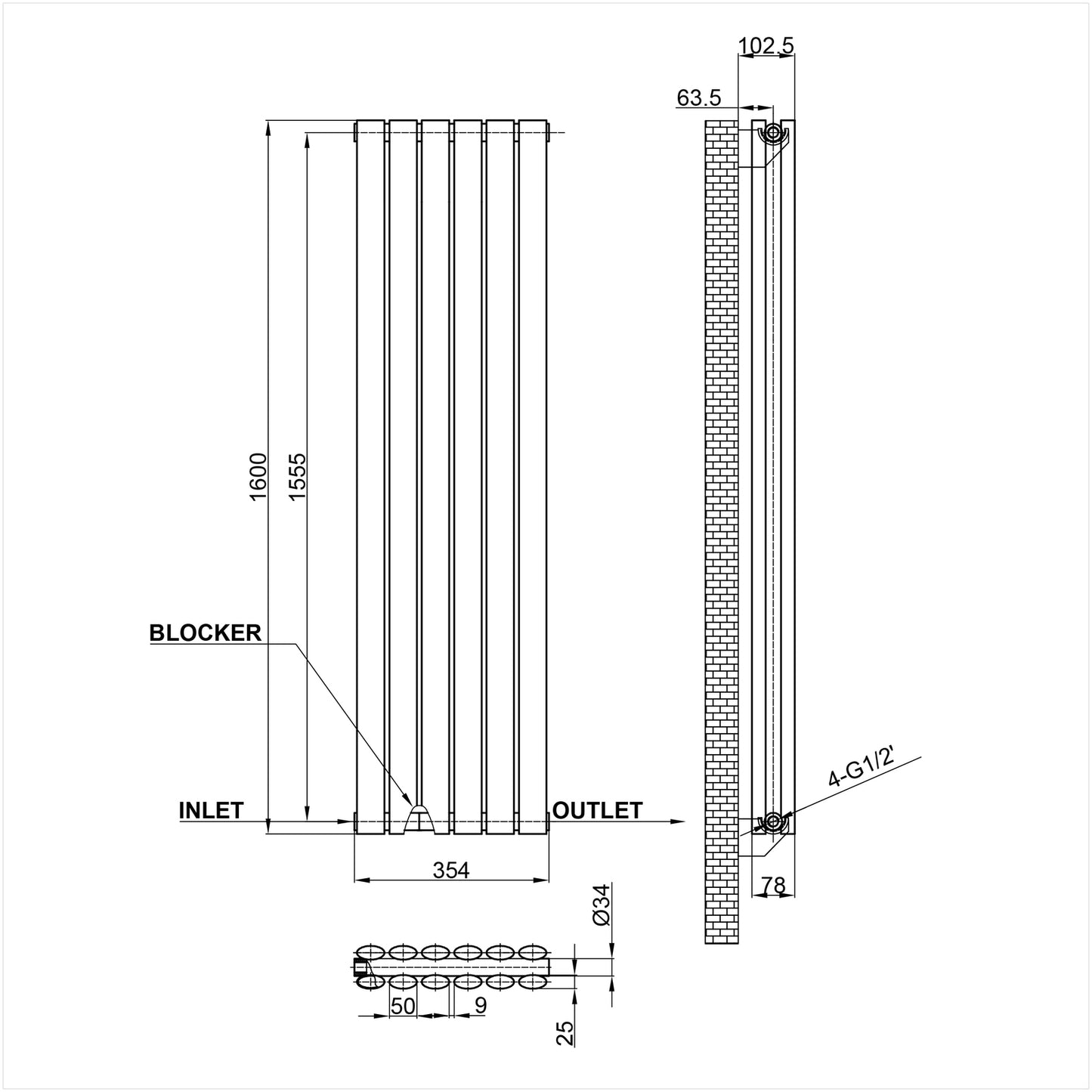 1600x354mm black double oval column radiator dimension