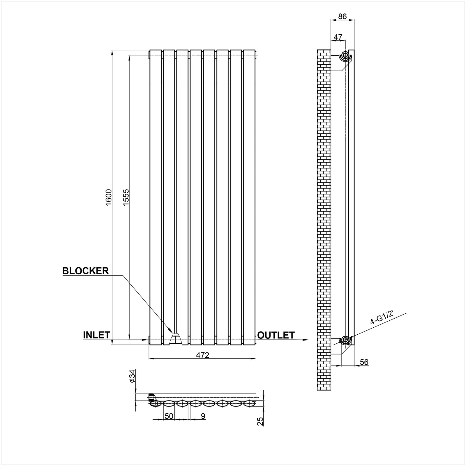 1600x472mm black single oval column radiator dimension