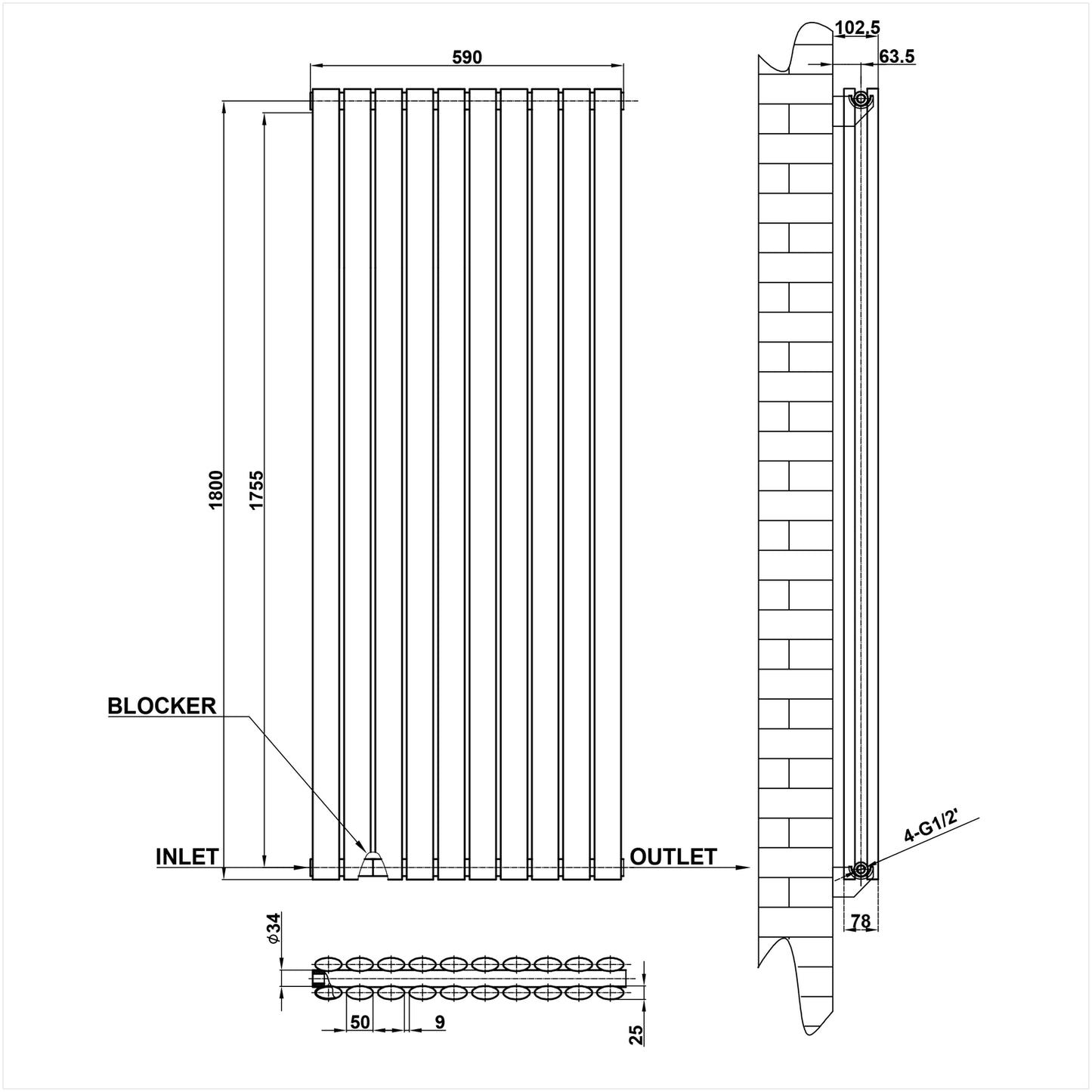 1800x590mm black double oval column radiator dimension