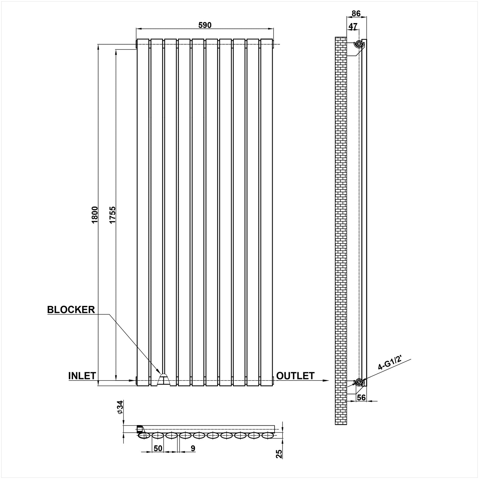 1800x590mm black single oval column radiator dimension