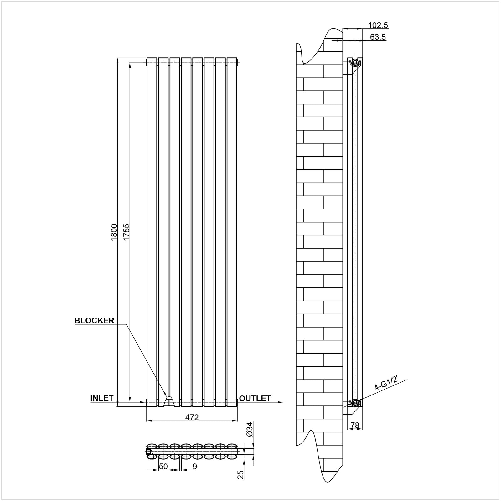 1800x472mm black double oval column radiator dimension