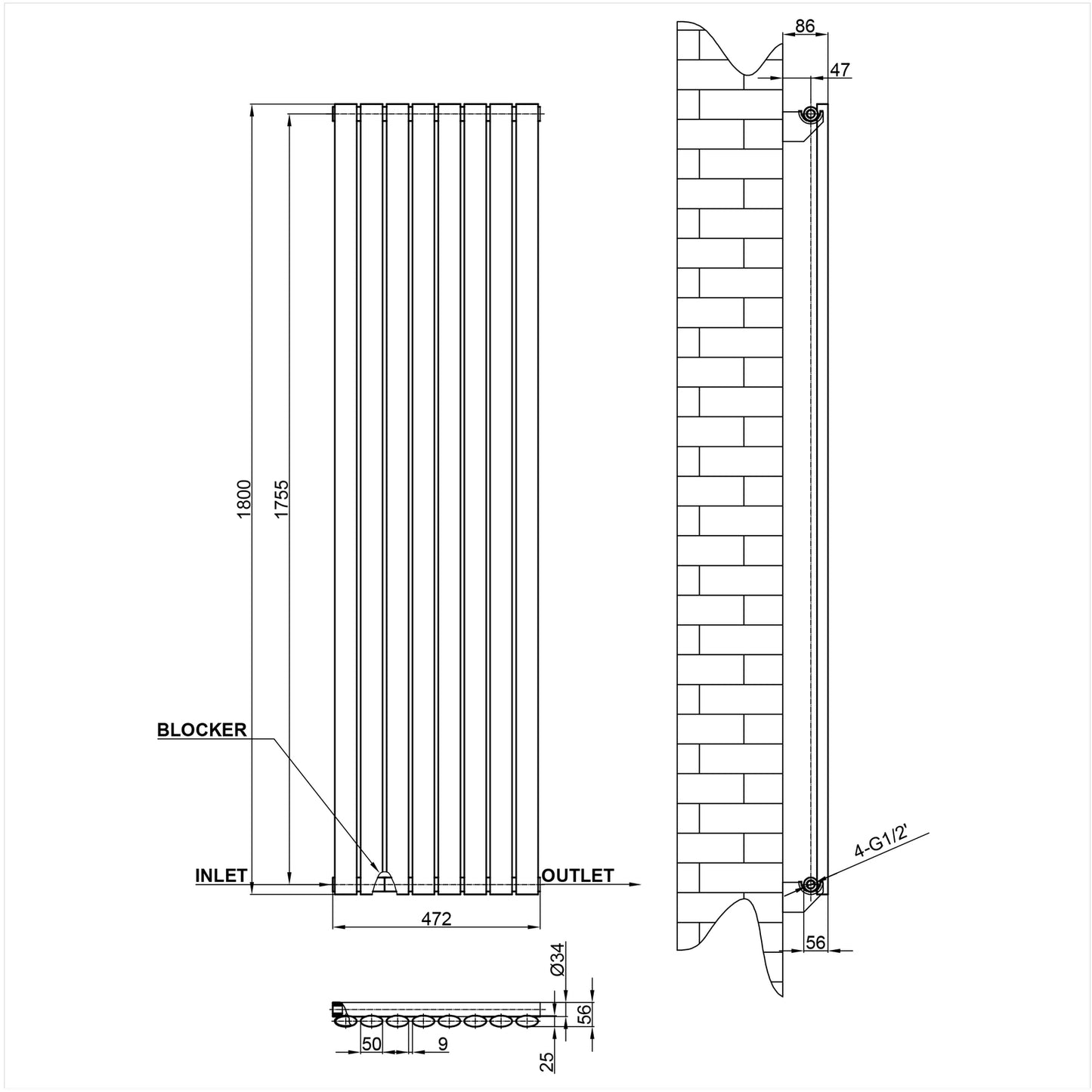 1800x472mm black single oval column radiator dimension