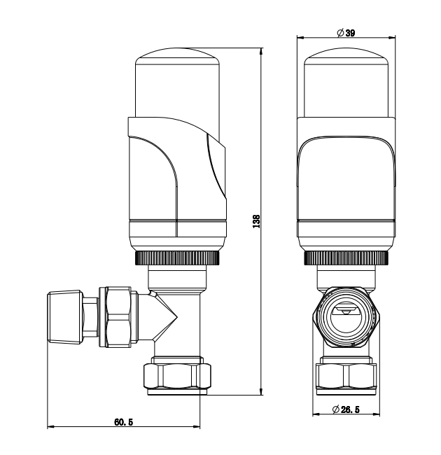 Aidal- TRV Thermostatic Chrome Radiator 15mm x 1/2 Angled Valves