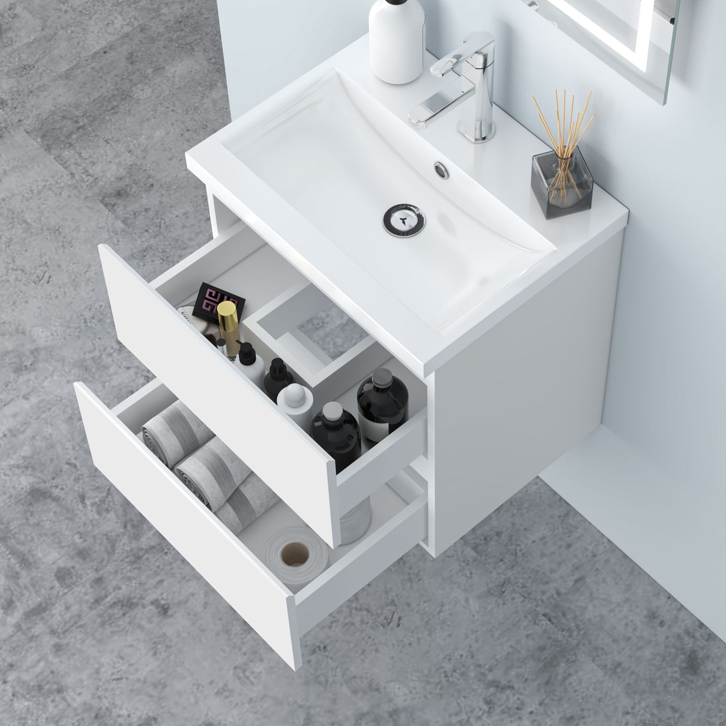 Glossy Vanity Unit, Wall Mounted, Detachable, Soft Close, Two/Four Drawer + Write Ceramic Basin