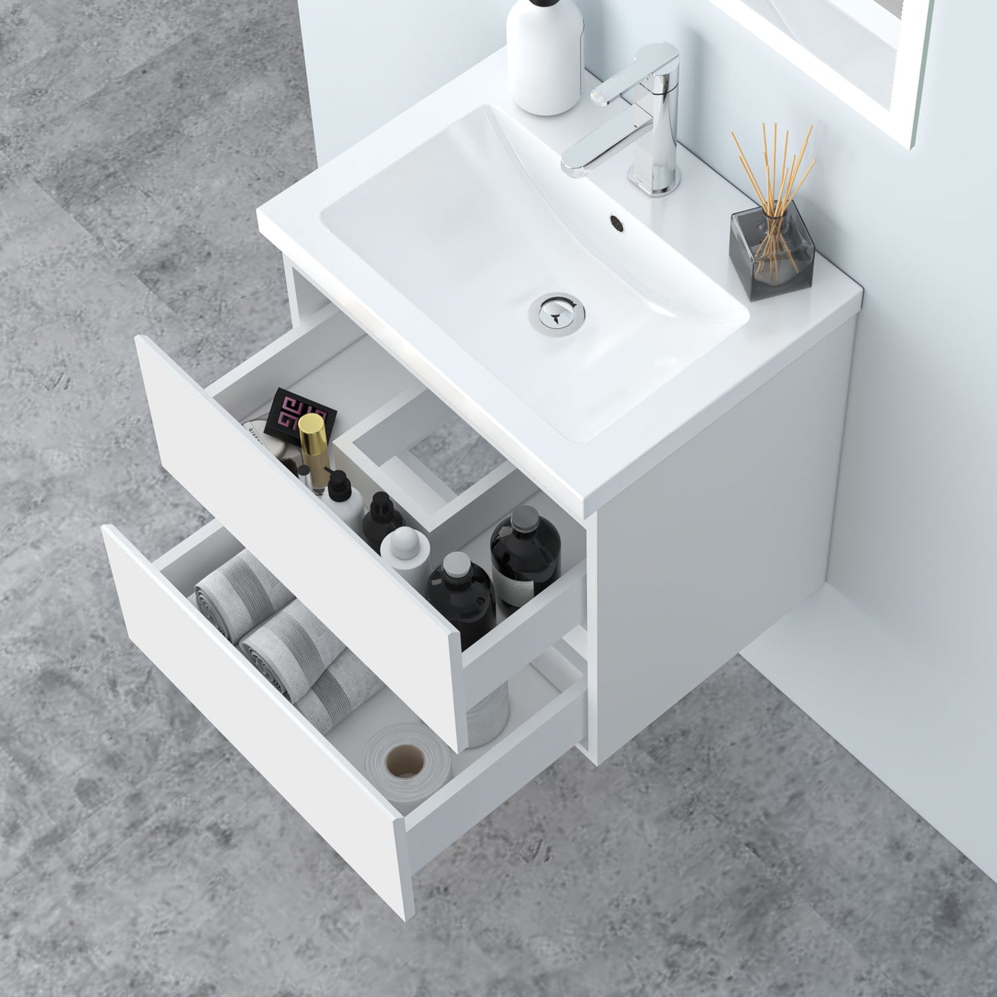 Glossy Vanity Unit, Wall Mounted, Detachable, Soft Close, Two-Drawer + Write Artificial stone Basin