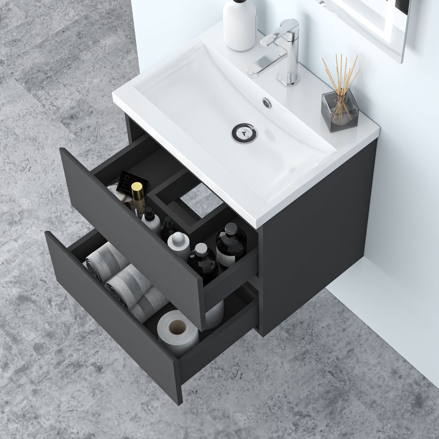 Glossy Vanity Unit, Wall Mounted, Detachable, Soft Close, Two/Four Drawer + Write Ceramic Basin