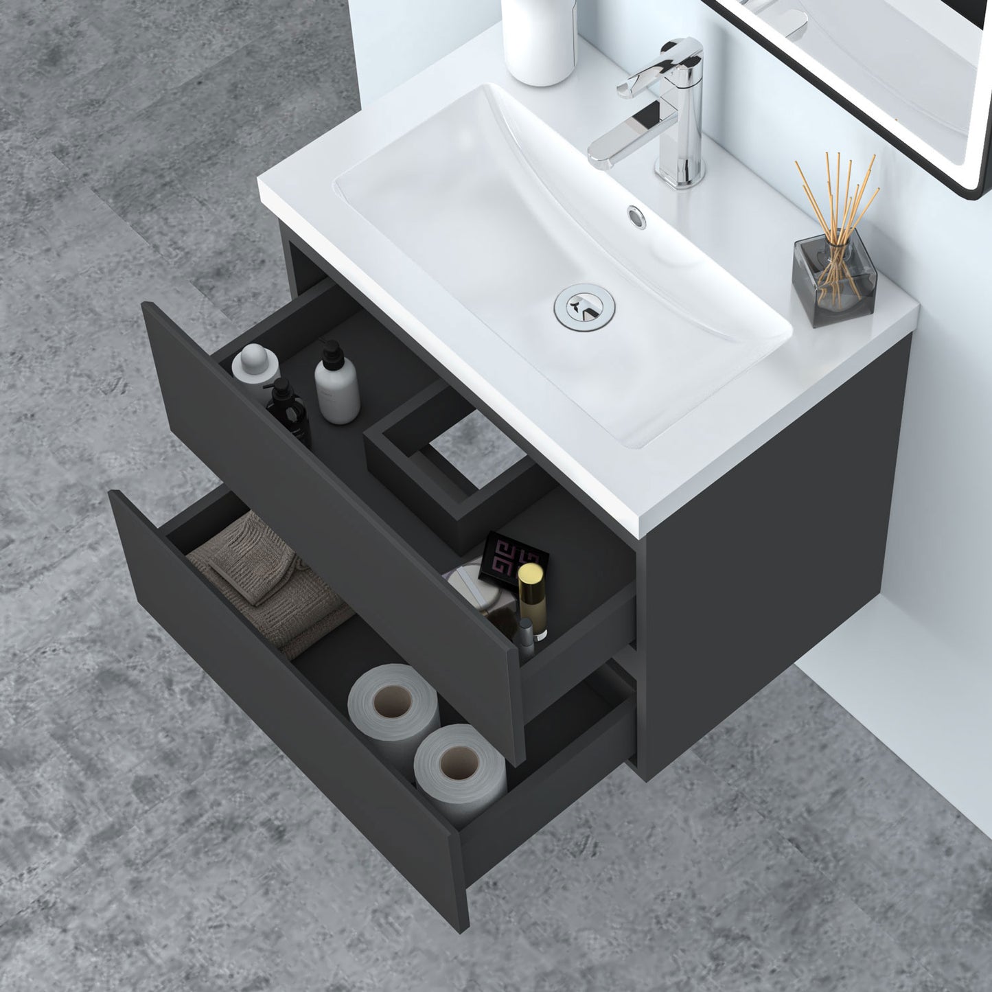 Glossy Vanity Unit, Wall Mounted, Detachable, Soft Close, Two-Drawer + Write Artificial stone Basin
