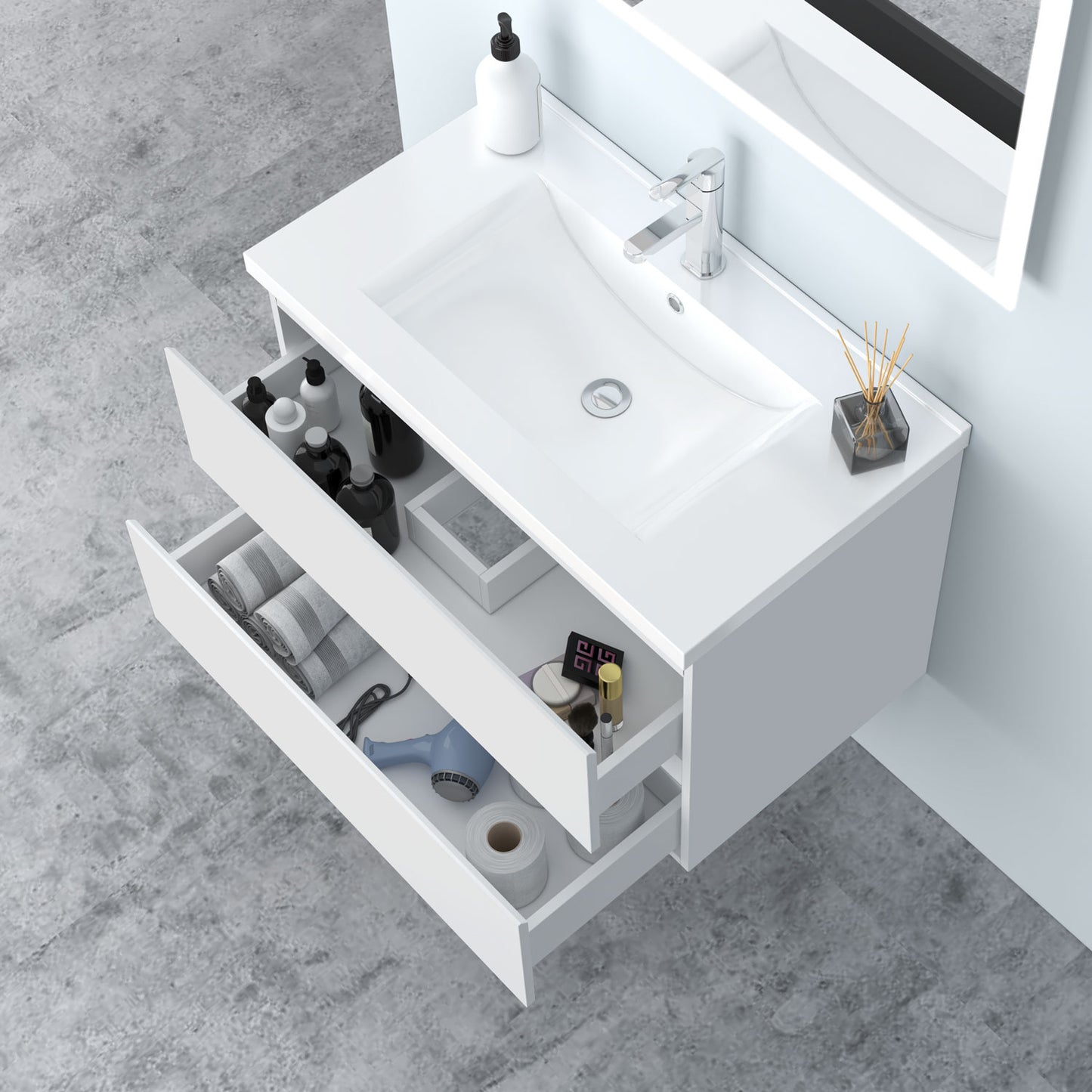Glossy Vanity Unit, Wall Mounted, Detachable, Soft Close, Two/Four Drawer + Write Ceramic Basin