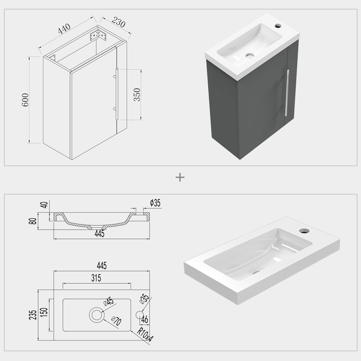 Cloakroom Bathroom Vanity Unit Wall Hung Compact Basin Door Unit 440mm