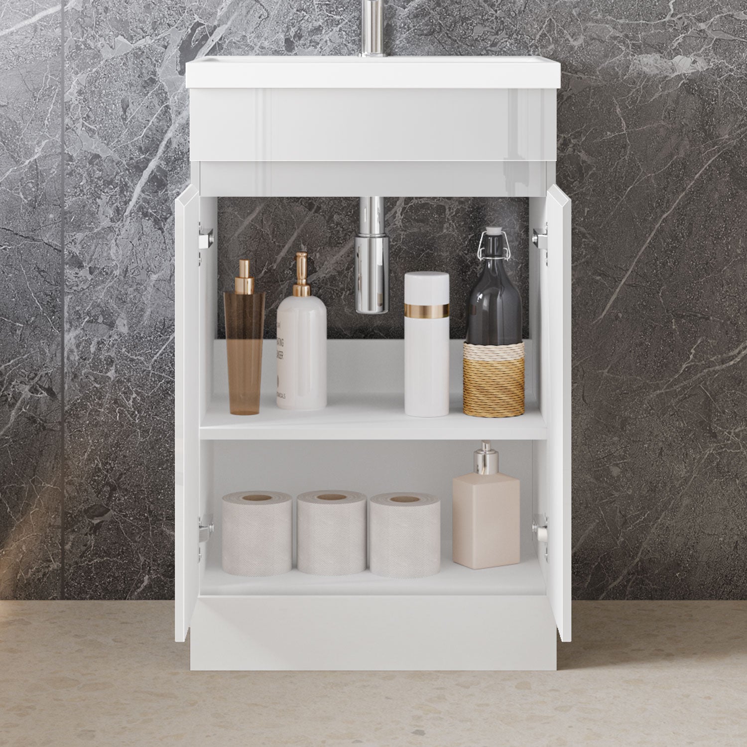 High Gloss MDF Vanity Unit, Floorstanding, Detachable, Soft Close, Dual-door + Write Artificial stone Basin