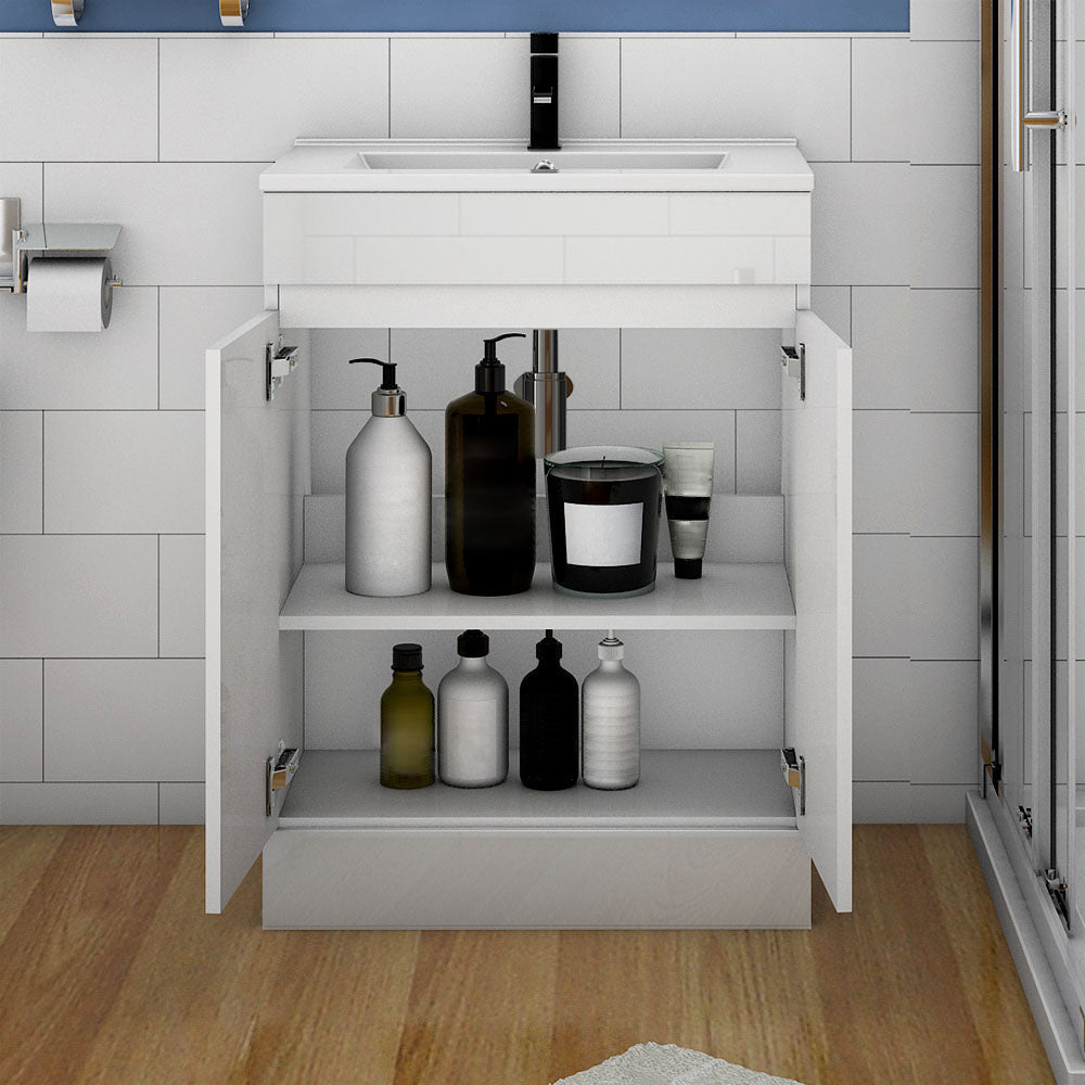 Freestanding 500/600mm Bathroom Vanity Unit with Ceramic/ Resin Basin Gloss White