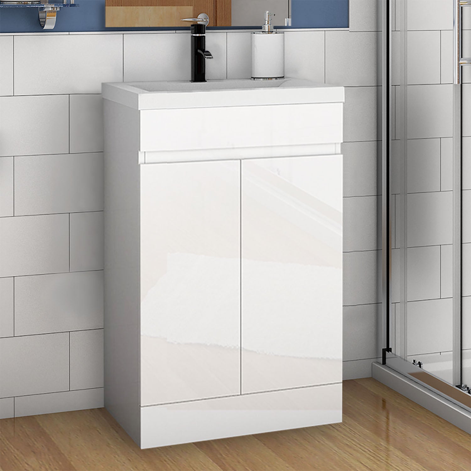 Freestanding 500/600mm Bathroom Vanity Unit with Ceramic/ Resin Basin Gloss White