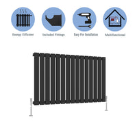 Aidal- Modern Horizontal 600x1020mm Single Black Flat Panel Radiator