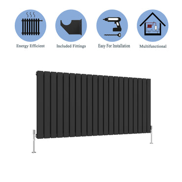 Aidal- Designer Horizontal 600x1428mm Double Black Flat Panel Radiator