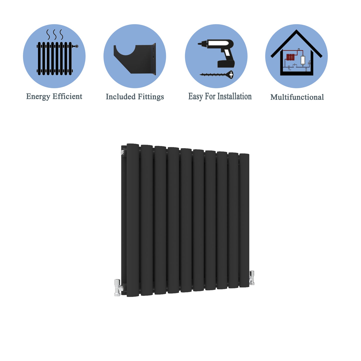 Aidal- Designer Horizontal 600x590mm Double Black Oval Column Radiator